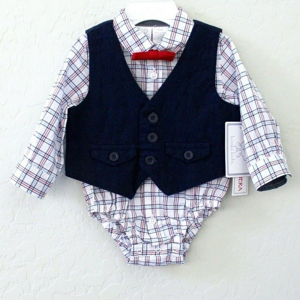 Koala Kids 3-Piece Plaid Bodysuit, Vest & Bow Tie Set 3M